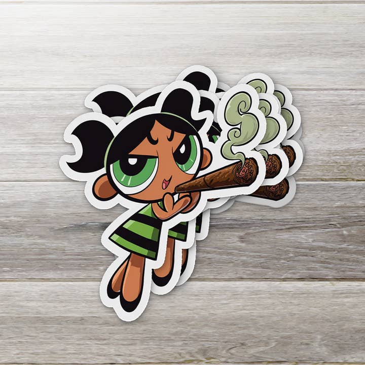 Rauchendes Cartoon-Mädchen • Lustiger Kiffer-Parodie-Aufkleber für den Großhandel von Ozark Sticker Company