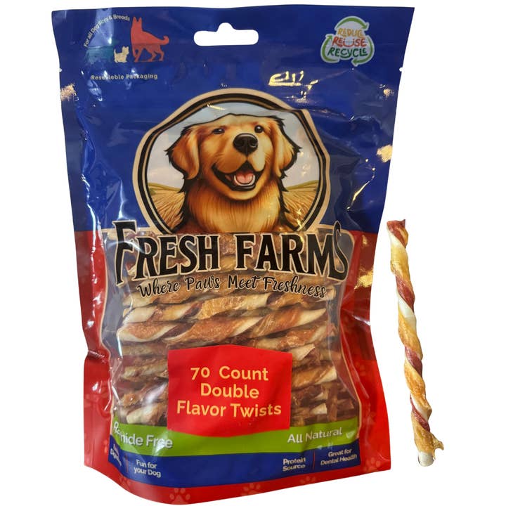 Fresh Farms Double Flavor Twists for All Dogs, 70 Count Rawhide Free Chews Made with Pork Hide and Chicken and other Purchase Wholesale no hide chews. Free Returns & Net 60 Terms on Faire trending on Faire.