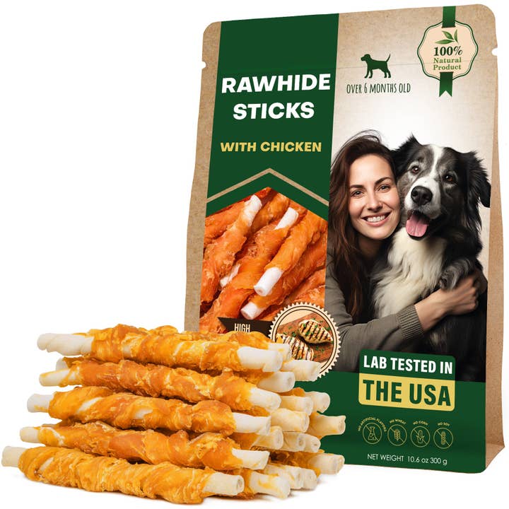 Dog Rawhide Sticks Wrapped with Chicken & Pet Natural Chew Treats - Grain Free Meat & Human Grade Dried Snacks in Bulk - Best Twists for Training Small & Large Dogs (Chicken) for wholesale by Beloved Pets