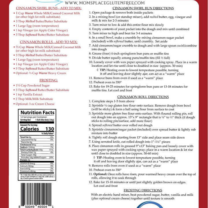 Mom's Place Gluten Free - Wholesale Cake Mix - Gluten-Free Cinnamon Swirl Bun OR Cinnamon Roll Mix