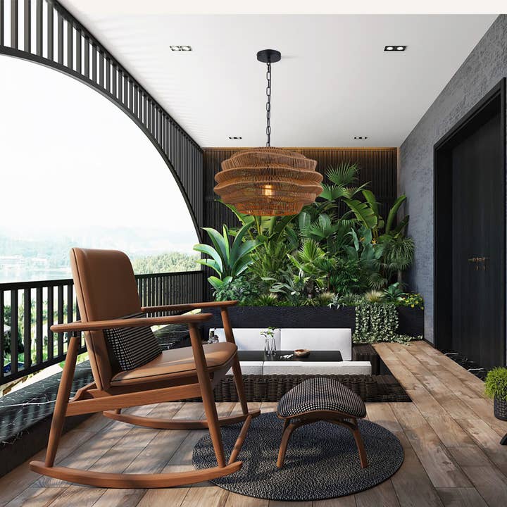 ELE Light & Decor - Vente Lustre/Suspension - Suspension en rotin côtier d'extérieur à 1 lumière avec abat-jour marron4