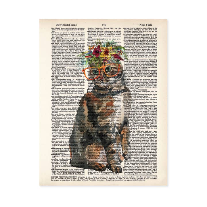 Cat with Tropical Flowers Dictionary Print for wholesale by Blue Twist & Co
