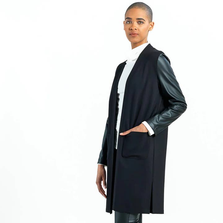BLACK CA55RL - Ponte Knit, Liquid Leather ™ Sleeve Pocket Cardigan for wholesale on Faire2