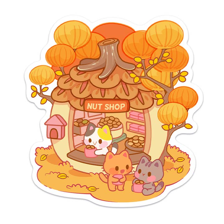 Efterårskat Nøddebutik Vandtæt Vinylklistermærke for engroshandel hos Meowashi Studio