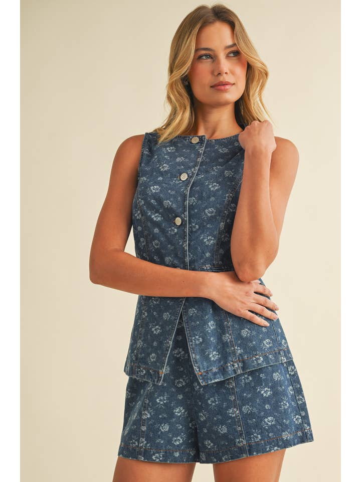 Klesis - Wholesale Top & Short Set (NOT Loungewear) - Women's - IST5874-C FLORAL PRINT BUTTON DOWN DENIM VEST AND SHORTS SET14