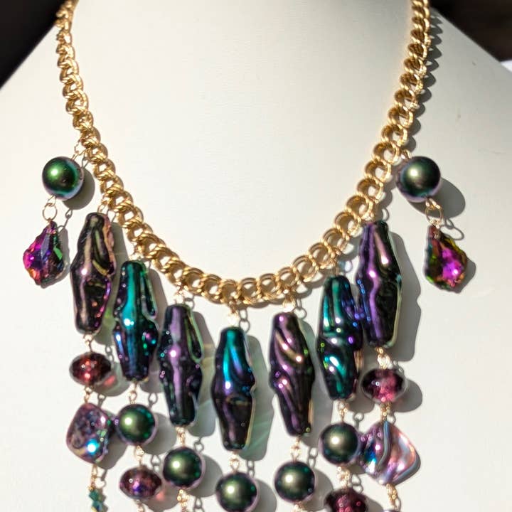 Gay Isber Designs - Wholesale Bib Necklace - Unique Vintage-Inspired Bib Purple Green Necklace with 1970s Austrian AB Acrylic Beads and Swarovski Crystals - One-of-a-Kind Design by Sugar Gay Isber0