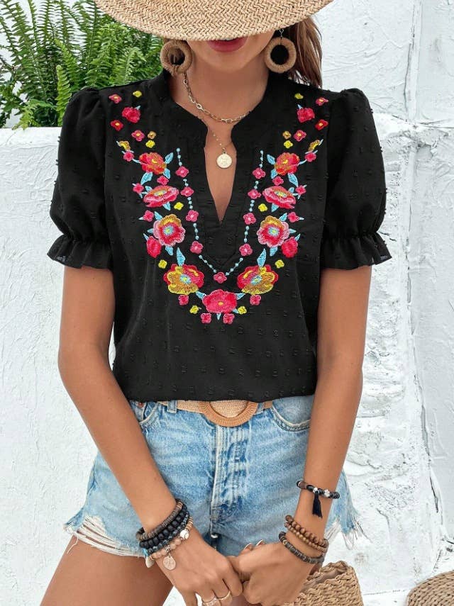 Rosa Clothing - Wholesale Blouse - Women's - Puff Sleeve Ethnic Floral Embroider Shirt10