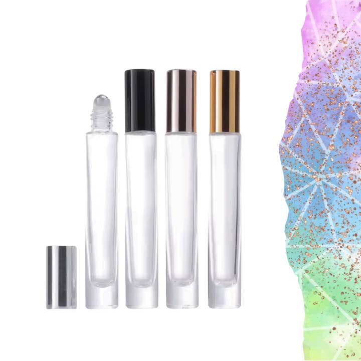Essential Wellness - Body, Mind, Spirit - Wholesale Essential Oil Roll-On - TALL ROUND 10ml Glass Roller - Choice of Cap and Rollerball