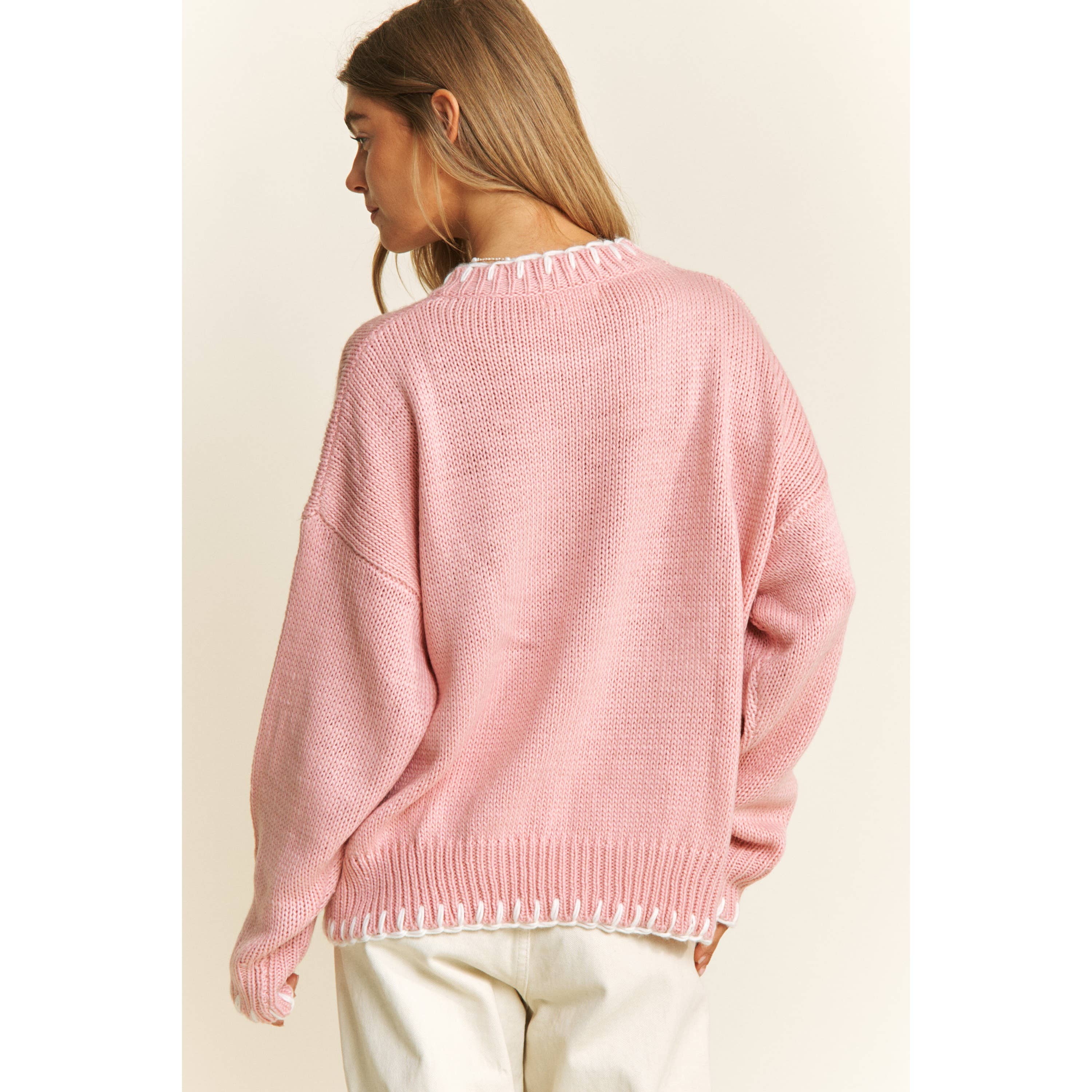 Sweet Generis - Vente Pull en maille – femme - Pull col rond de fête avec gros nœud et surpiqûres contrastées9