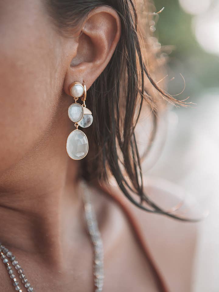 Tirua 18K genbrugt fint guldbelagt regnbuemånesten-øreringe for engroshandel hos SHANSHAN