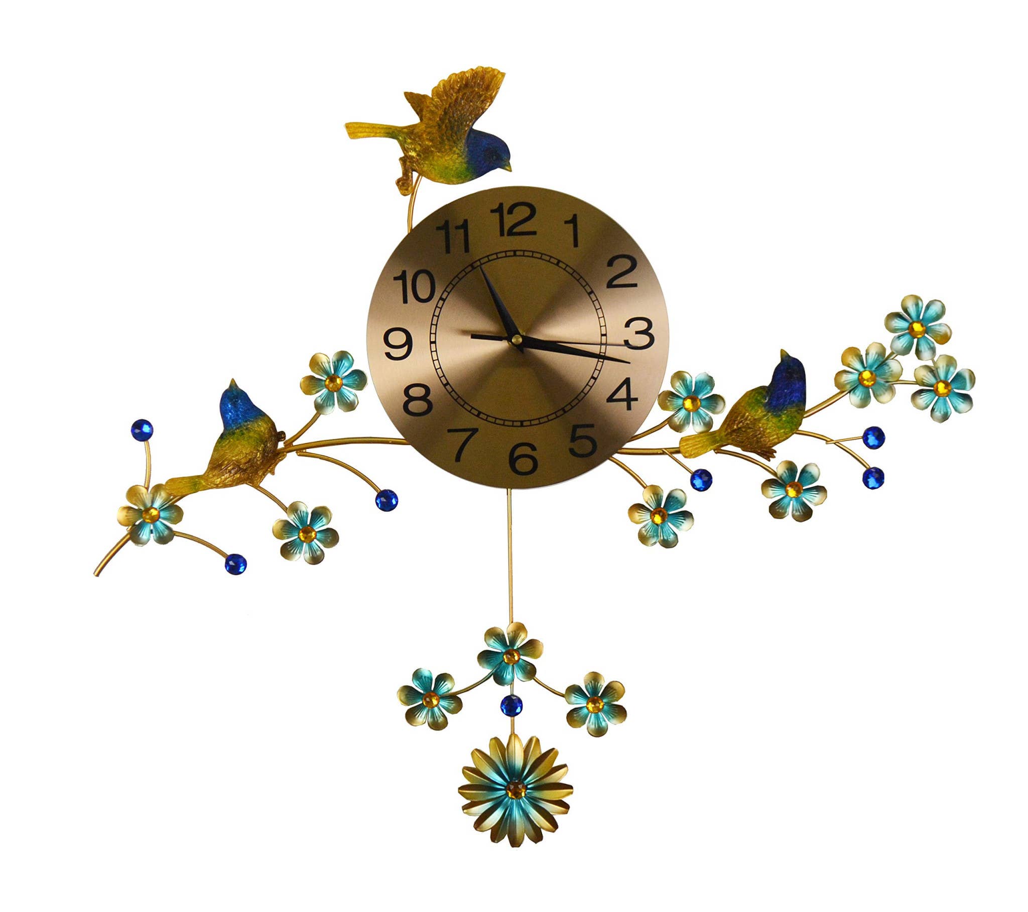HomeRoots - Wholesale Wall Clock - 24" Blue Green And Gold Silent Pendulum Floral Wall Clock1