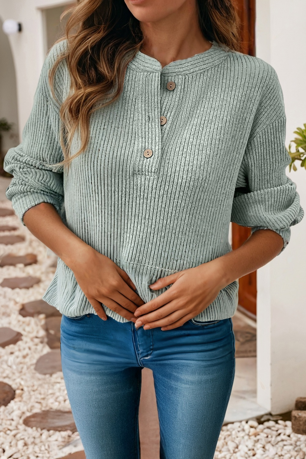 Little Daisy Closet - Wholesale Knit Top - Women's -  LDC Ribbed Texture Drop Shoulder Henley Knit Top3