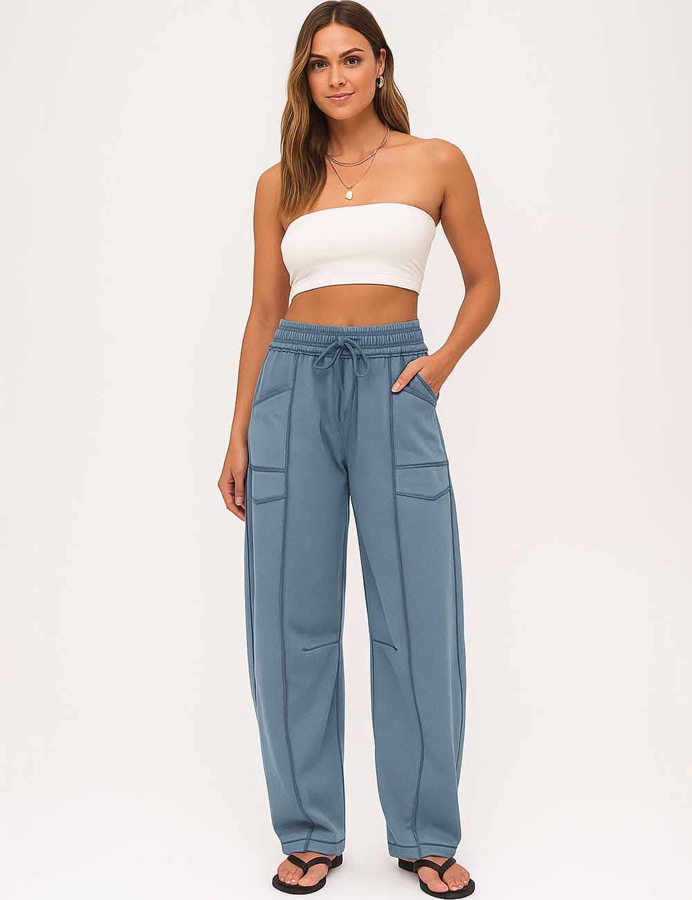 Sweetkama - Wholesale Pants - Women's - Ladies Contrast Stitching Elastic Waist Drawstring Barrel Pants9