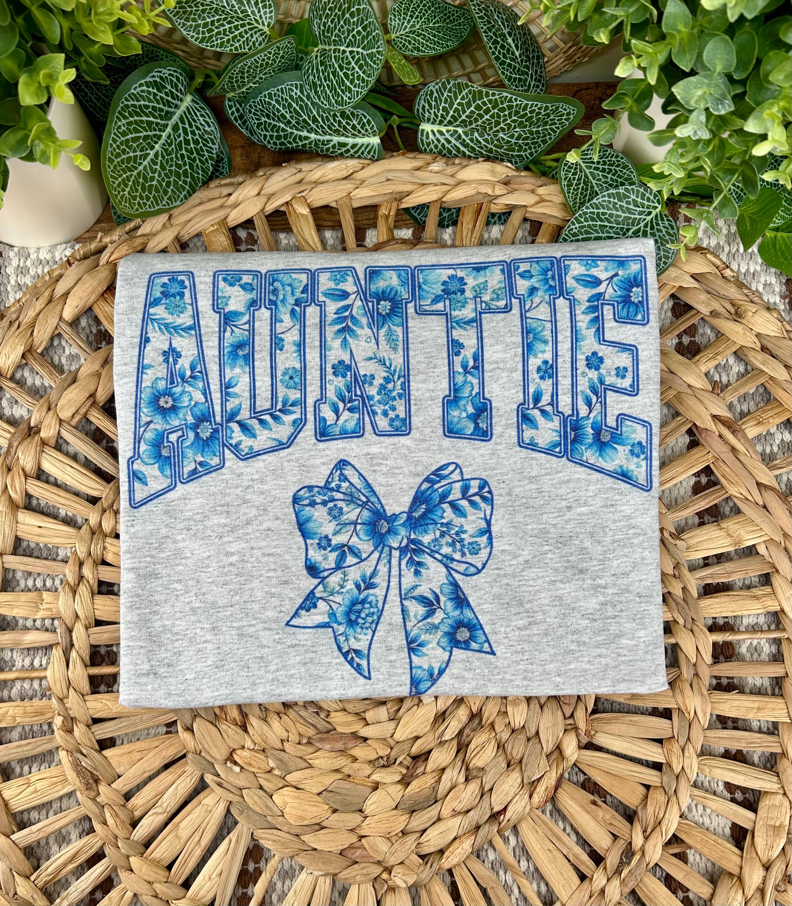 Gildan Ash Auntie with bow T-shirt for wholesale on Faire