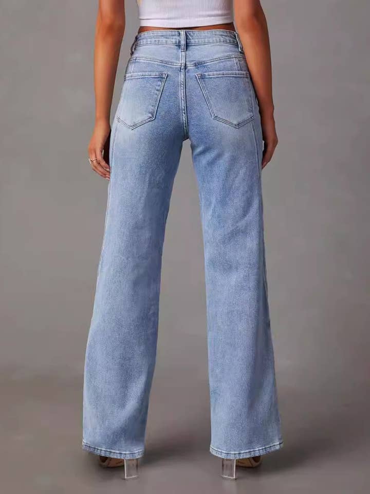 Blue High Waisted Loose Denim Pants for wholesale on Faire