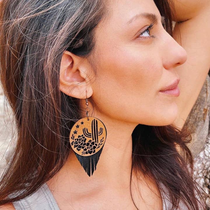 Charlie James Artisan Boutique - Wholesale Dangle earrings - Leather Fringe Earrings, Cactus Earrings, Desert Earrings, Western Earrings, Desert Rose Earrings, Boho Earrings, Leather Earrings, Mojave3