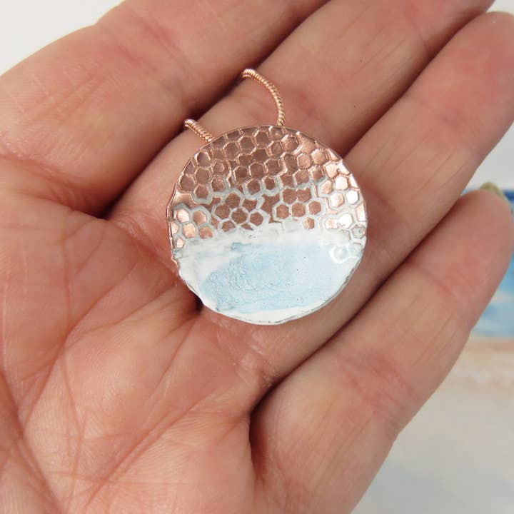 830 Degrees – wholesale Pendant/charm necklace – Round, Domed and Textured Copper Pendant with Enamel