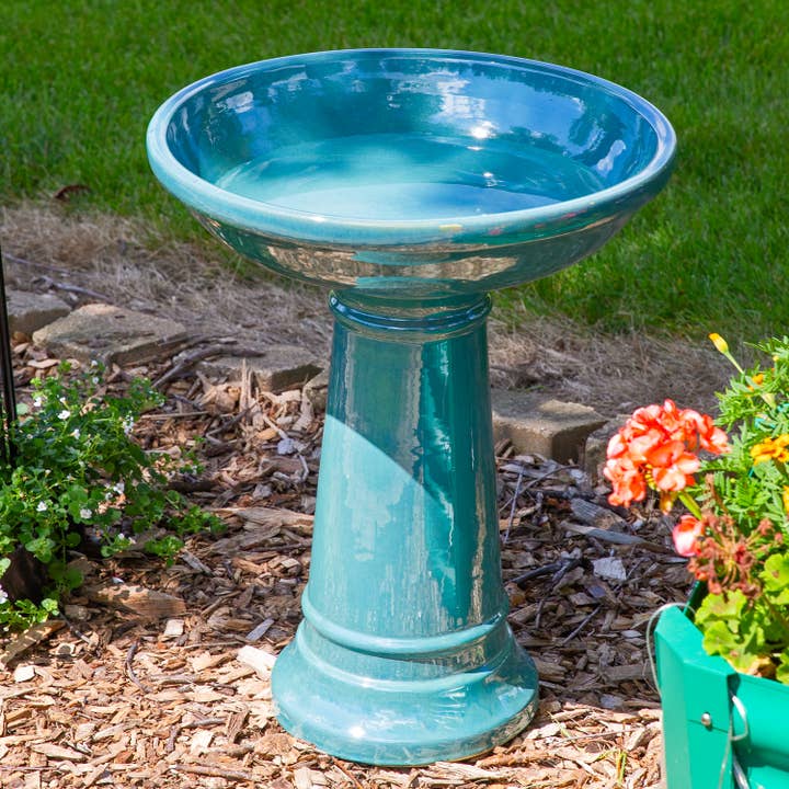 Calais Ceramic Outdoor Bird Bath - Jade Green - 25” H for wholesale by Sunnydaze Decor