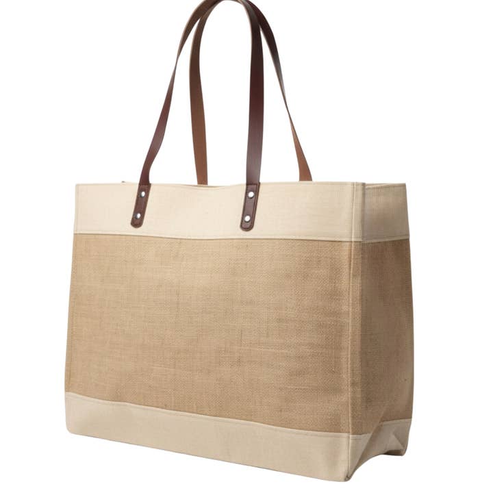 Jute Tote Bag with Genuine Leather Straps | Eco-Friend Bag and other Purchase Wholesale panderetas. Free Returns & Net 60 Terms on Faire trending on Faire.