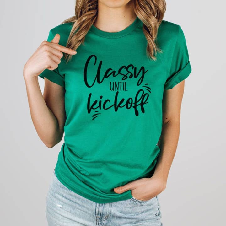 Classy Until Kickoff Graphic Tee Heather Kelly for wholesale by Indigo Bramble Boutique