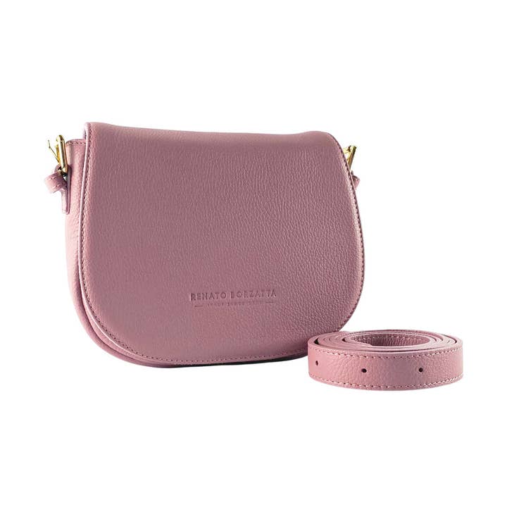 RB1002AZ | Bolso de hombro de piel auténtica fabricado en Italia con bandolera de piel extraíble y accesorios con hebillas de metal dorado pulido, color rosa envejecido, dimensiones: 26 x 20 x 10 cm para venta al por mayor de Kaili mood / RENATO BORZATTA - Italy since 1978 -
