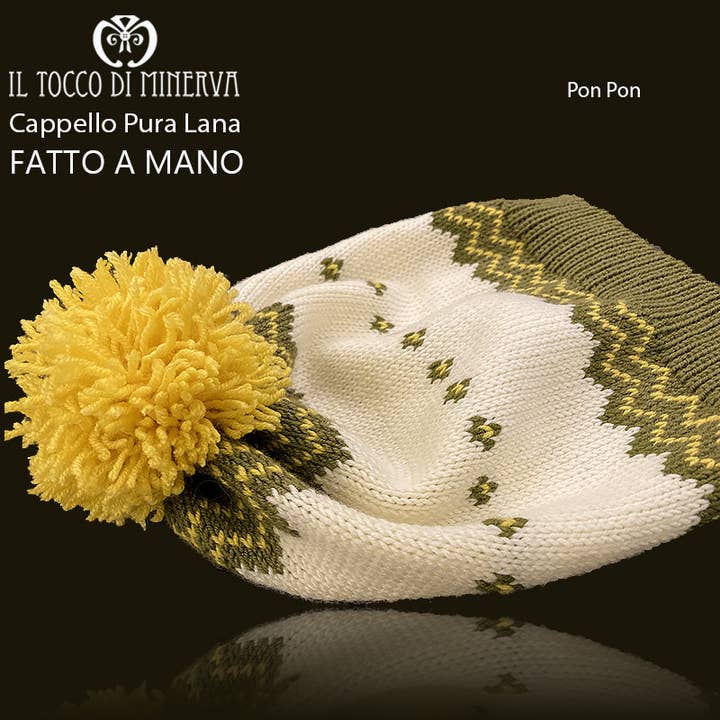 Pure wool hat with yellow green pom-pom - Handmade for wholesale by Il Tocco di Minerva