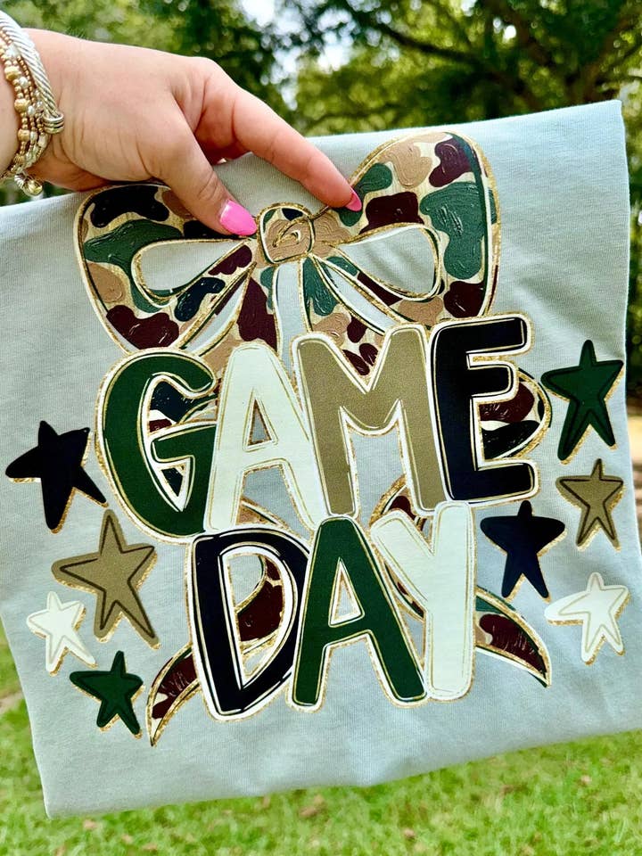 Game Day Camo Coquette Bow Wholesale Tee for wholesale by Wills Creek Designs