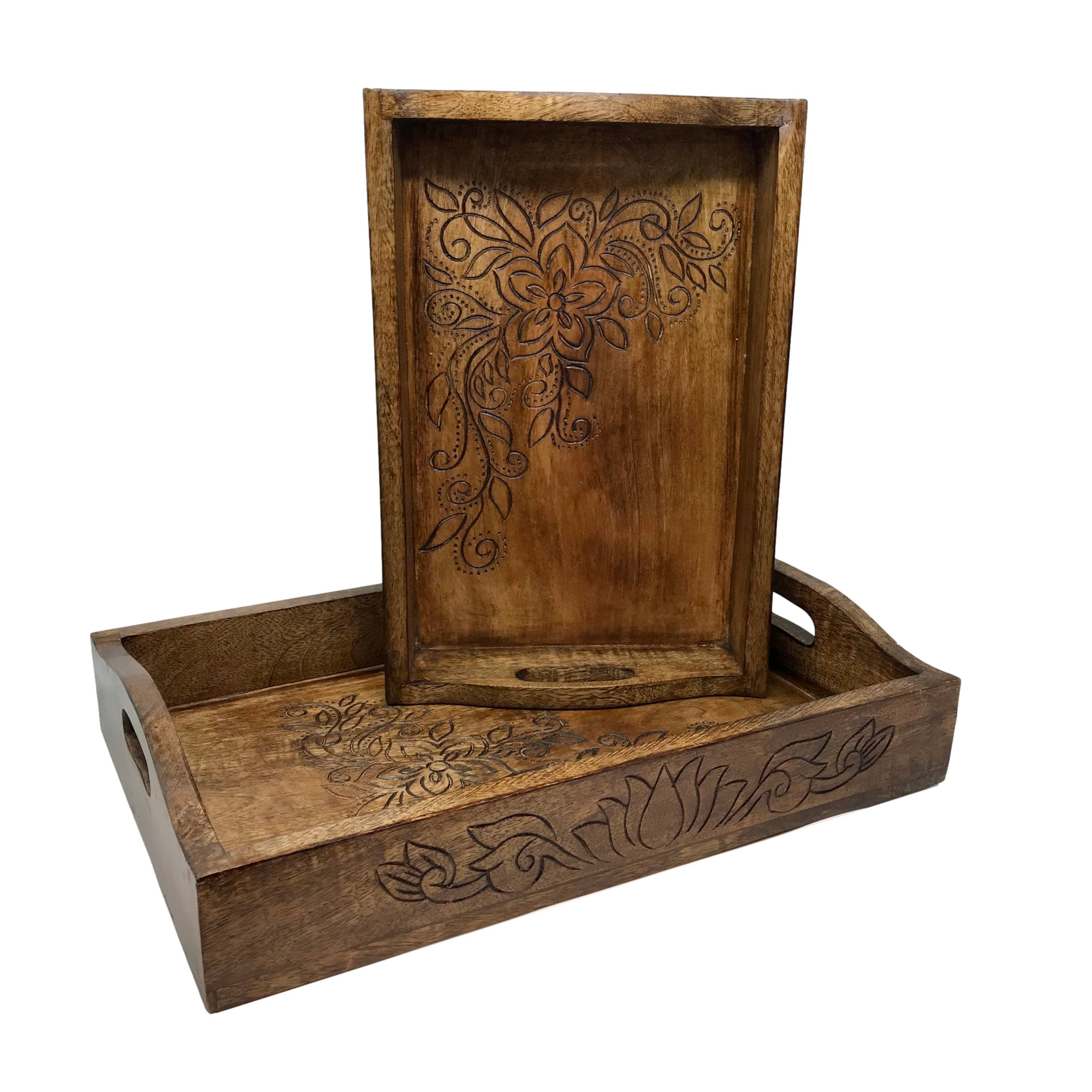Wilco Home - Wholesale Serving Tray - Set of 2 Holiday Bouquet Hand-Carved Wood Serving Trays1