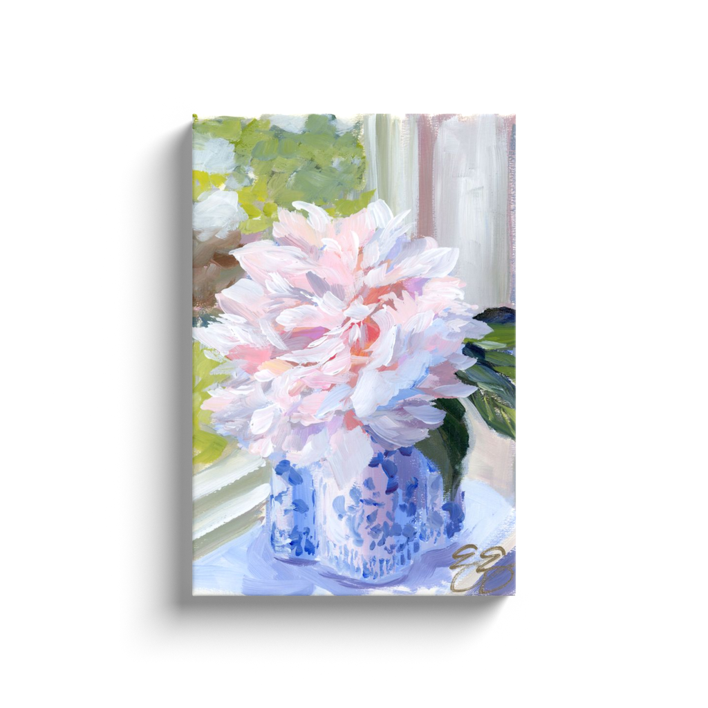 Elizabeth Alice Studio - Wholesale Art Print - No. 396 Sarah Bernhardt peony in blue and white vase, a canvas wrap print10