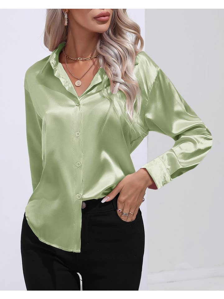 HIDDENBRAND - Wholesale Button Down Shirt - Women's - Satin Faux Silk Long-Sleeved Shirt13