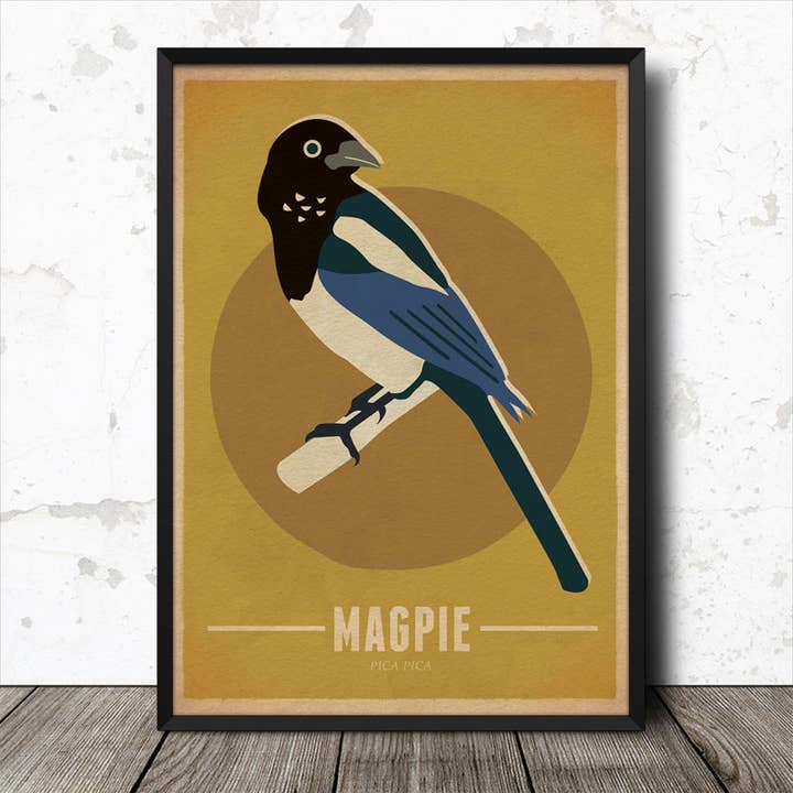 Left Hand Prints – Engroshandel Kunsttryk – Magpie Fugl Vintage Retro Stil Natur Plakat Kunst Print