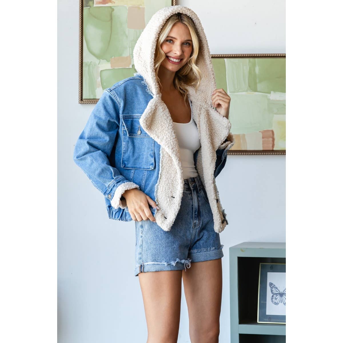 Veveret - Wholesale Denim Jacket - Women's - Faux Sherpa Hooded Denim Jacket 9