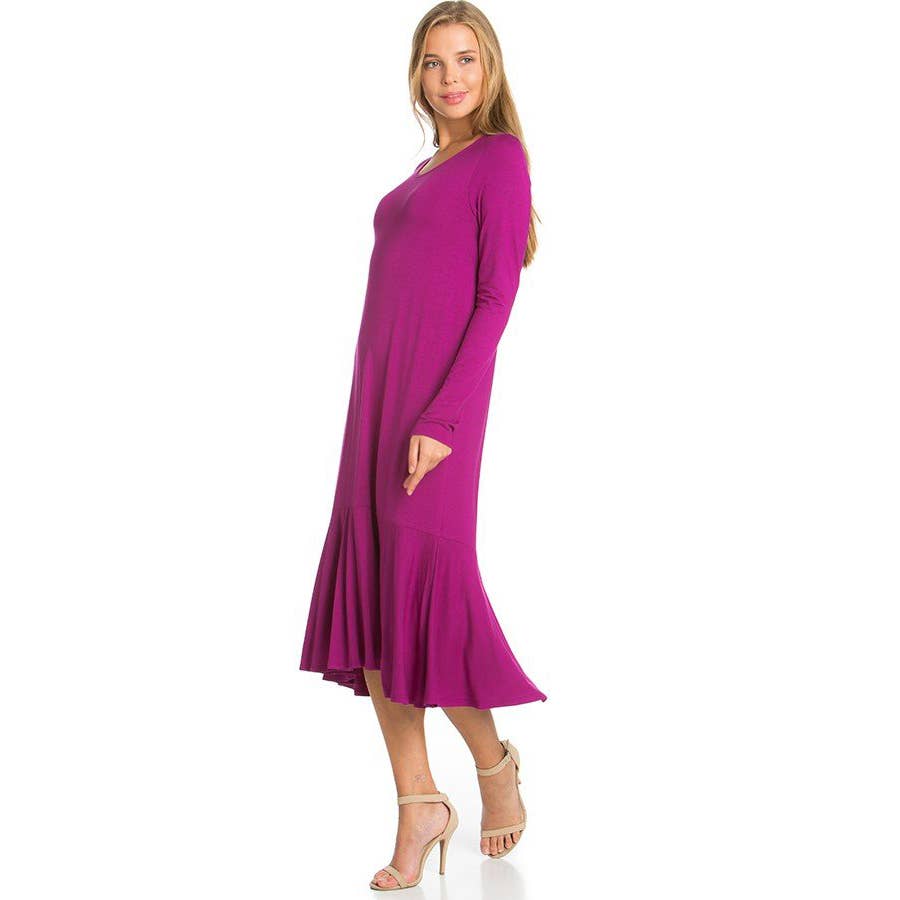 Azules Clothing - Wholesale Dress - Women's - ADM-8258RS Ruffle Hem Long Sleeve Midi Dress5