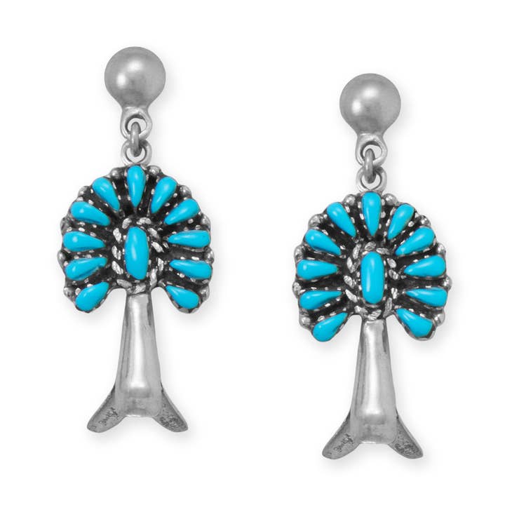 Handmade Oxidized Turquoise and Squash Blossom Drop Earrings for wholesale by Silver Stars Collection