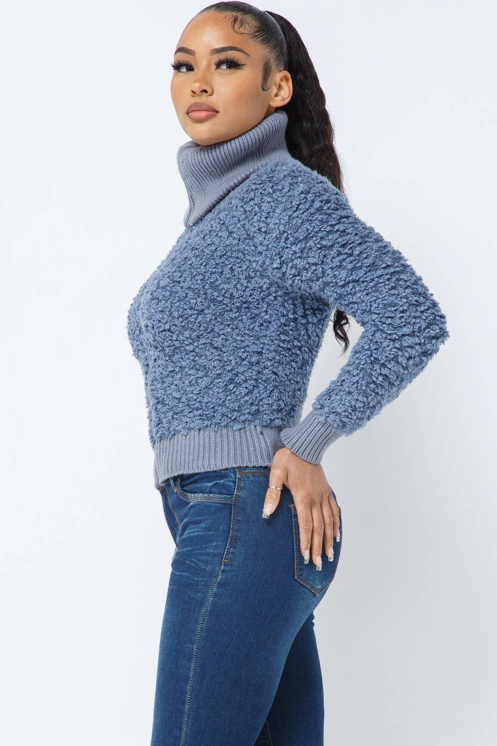 Dusty Blue Long Sleeve Shaggy Jacket With Front Zipper for wholesale on Faire2