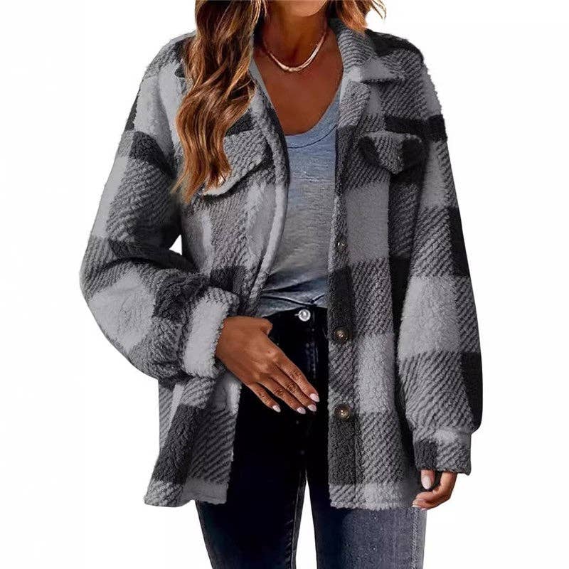 FurDecoration - Wholesale Jacket - Women's - Pocketed Plush Checkered Jacket6