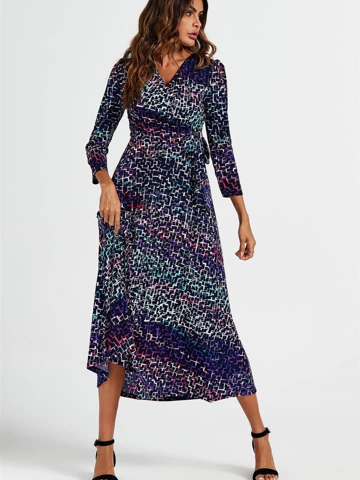 Geometric Print Wrap Top Midi Dress In Navy for wholesale by FS Collection (Germany)