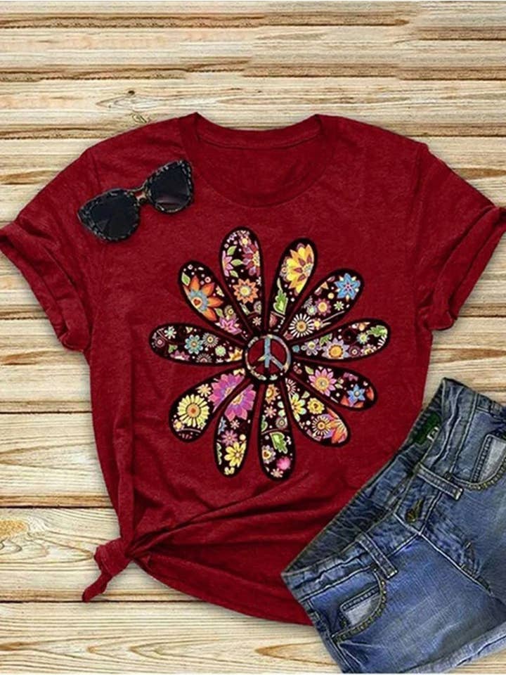 Tourtiwi - Wholesale Screen Printed T-Shirt - Women's - Floral Printed Short-sleeved Round Neck T-shirt