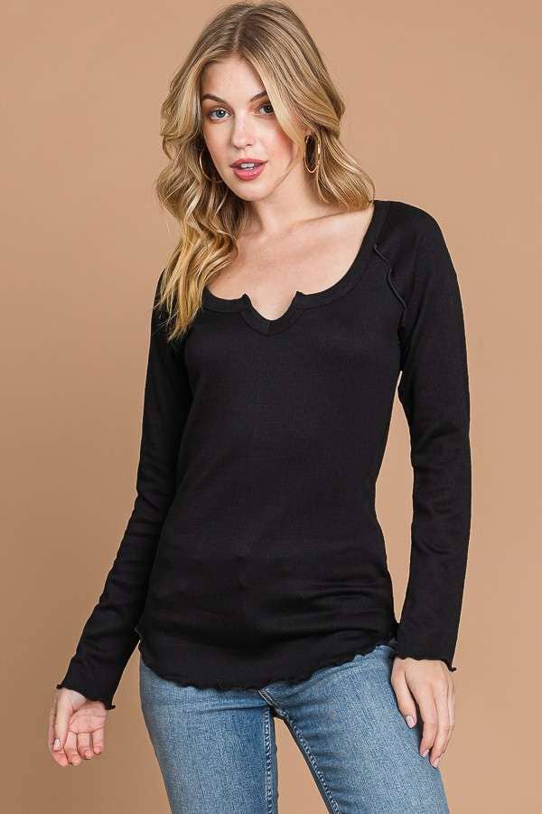 Culture Code - Wholesale Knit Top - Women's - CRT1840L - TINY NOTCH NECK MERROW LSLV TOP0