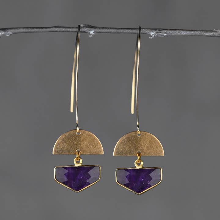 Long Golden Wire w/ Half Circle & Amethyst Half Shield for wholesale by KBD Studio