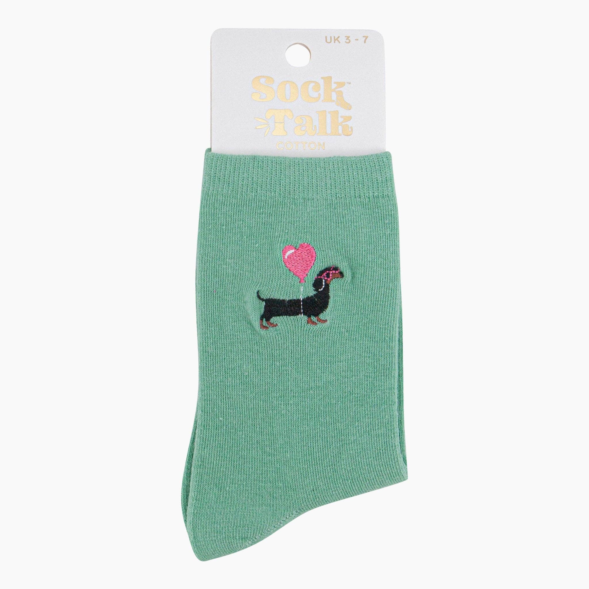 Sock Talk - Vendita all'ingrosso Calzini - Donna - Calzini da donna ricamati - Verde menta con bassotto e palloncino a cuore3