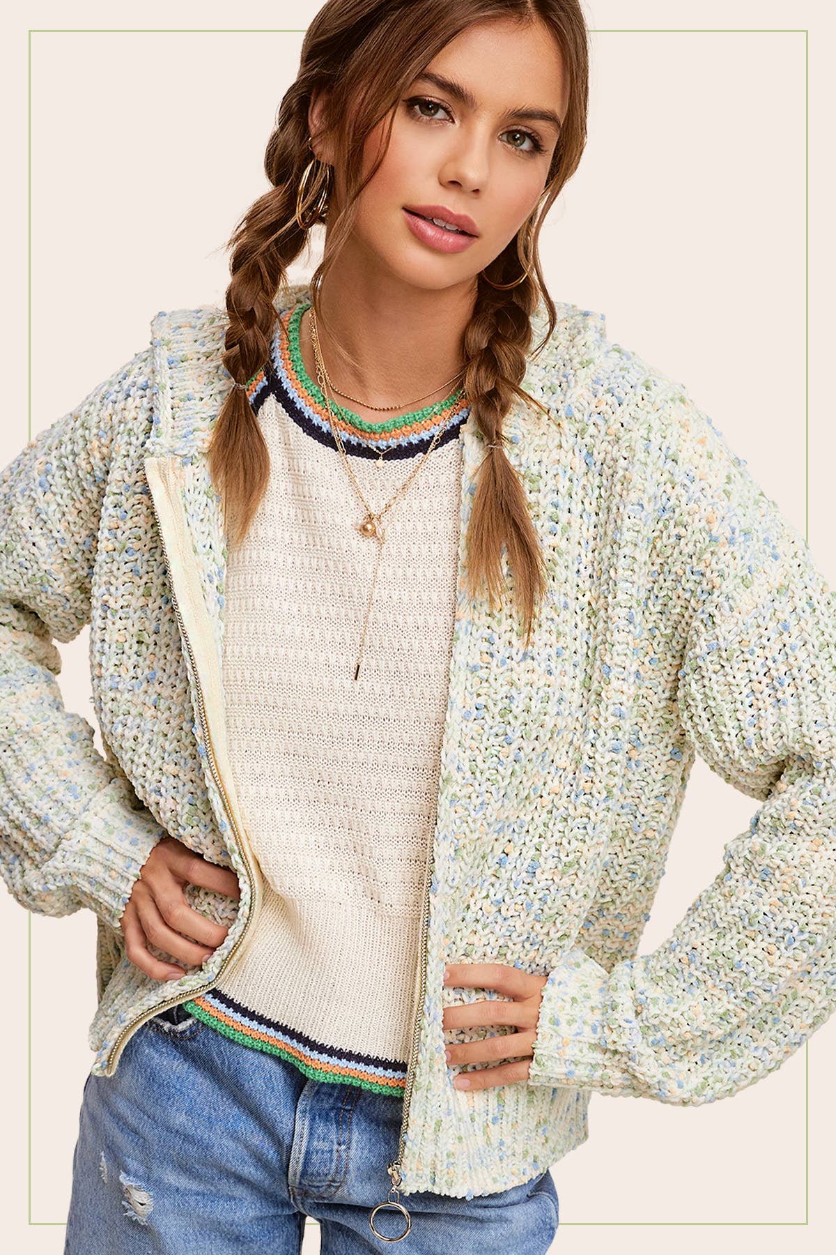 La Miel - Wholesale Hoodie - Women's - JCS3569-Multi Color Confetti Zip-Up Hoodie Sweater16