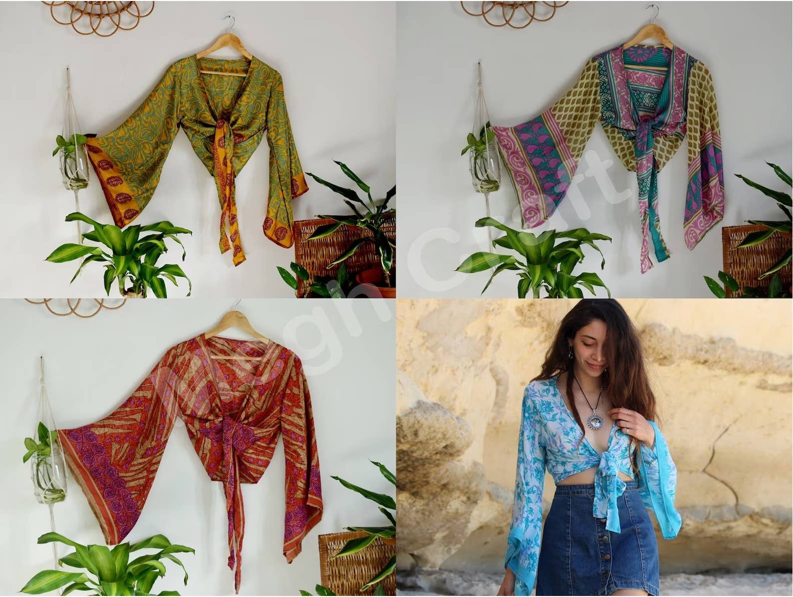 Meghcraft – Engroshandel Bluse - Dame – Boheme silke top med flæseærmer og bindedetalje i upcyclet silke sari3