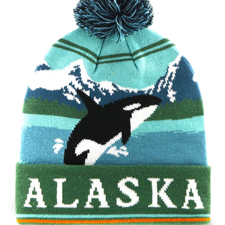 Alaska Ocean Wildlife Orca Knit Beanie with Pom Souvenir Cap for wholesale by Northern Icons Creations INC