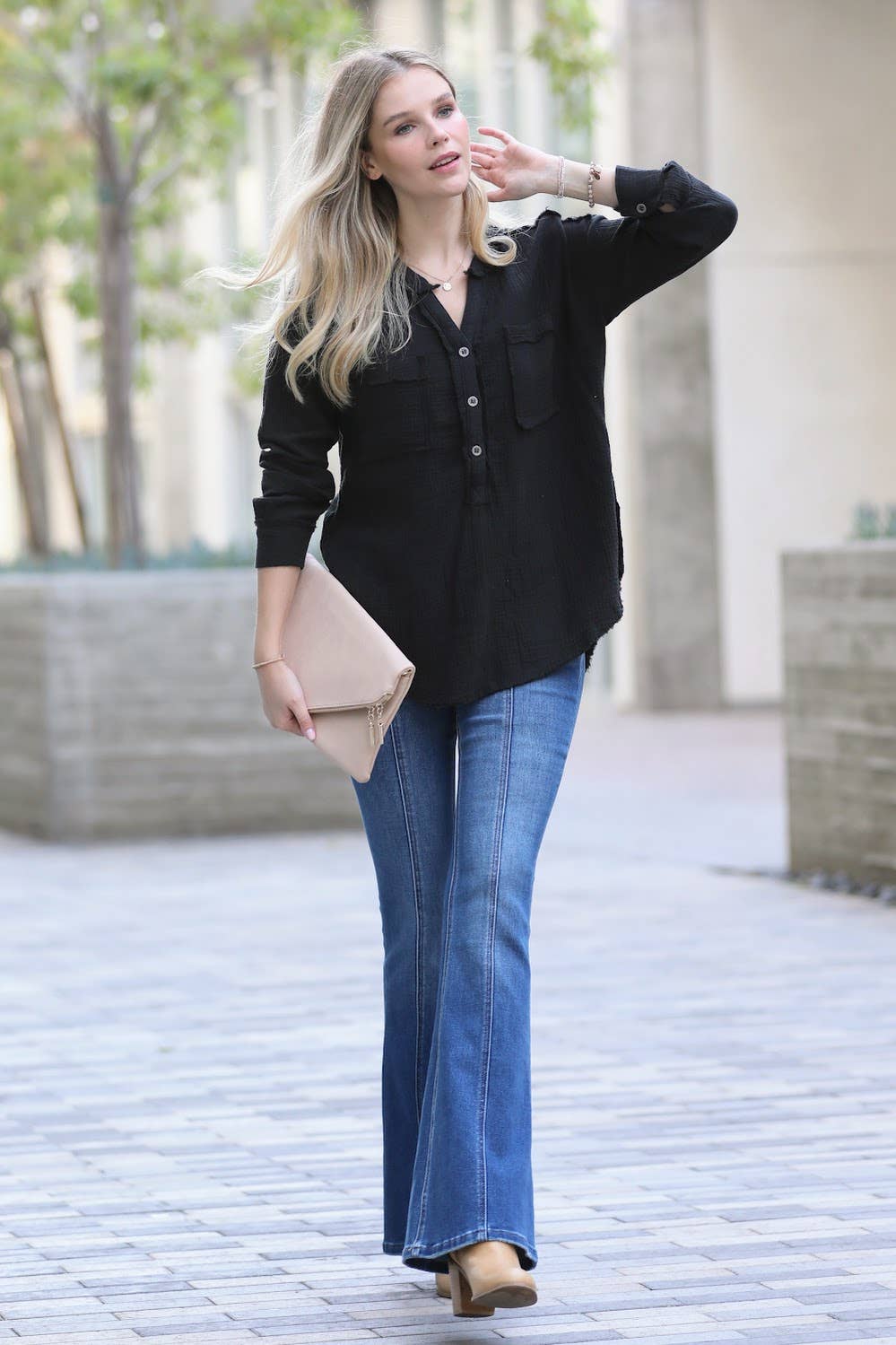 BLACK  `.SI-24907 DOUBLE GAUZE 3/4 BUTTON HENLEY-NECK SHIRT for wholesale on Faire0