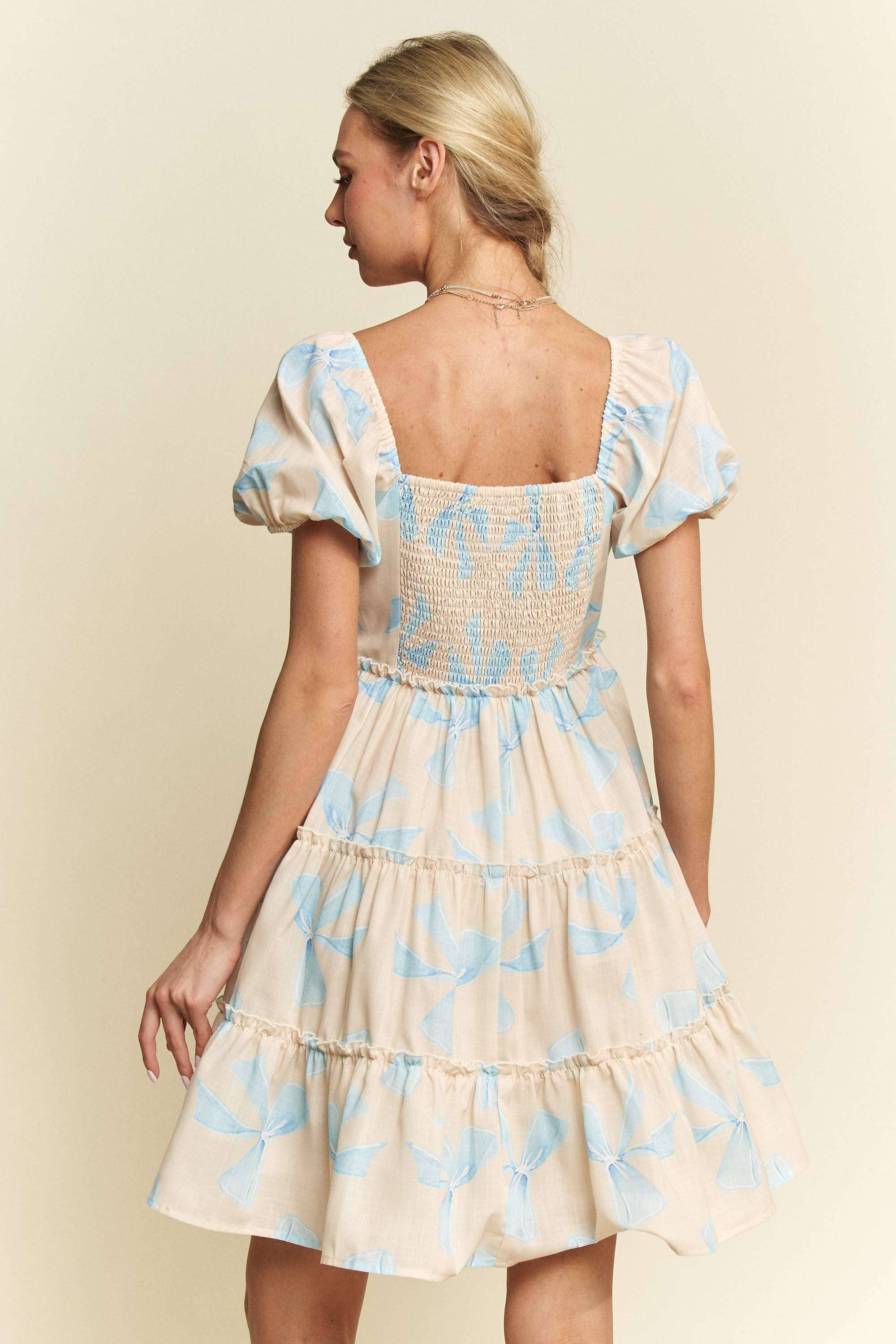 Davi & Dani - Wholesale Dress - Women's - BOW PRINTED PUFF SMOCKING BACK TIERED DRESS2