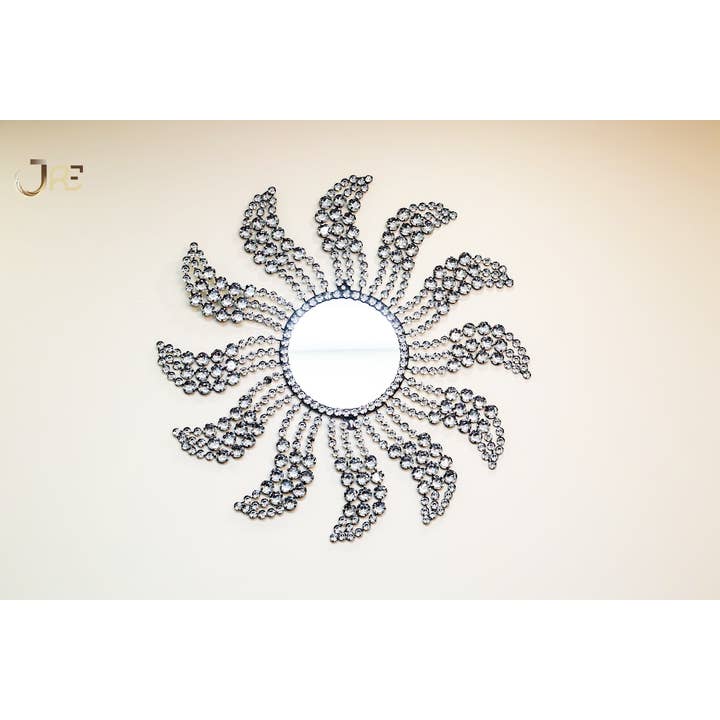 JRE Home Decor - Wholesale Wall Mirror - Crystal Sunburst Decor Mirror, Crystal Wall Accent Metal Art