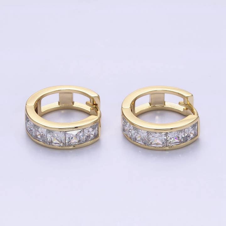14K Gold Filled Clear Square CZ Lined 15mm Huggie Hoop Earrings in Gold & Silver | AD-430 AD-431 for wholesale by Aim Eternal
