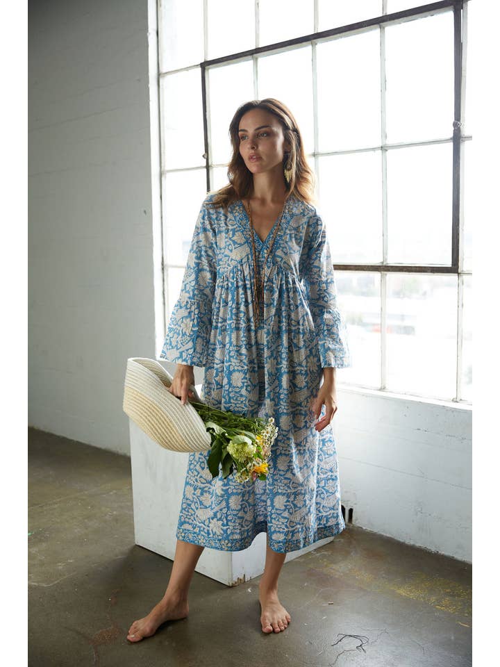 The Fox and The Mermaid - Wholesale Dress - Women's - Block Printed Cotton Bell Sleeve Dress (Gold/Blue)