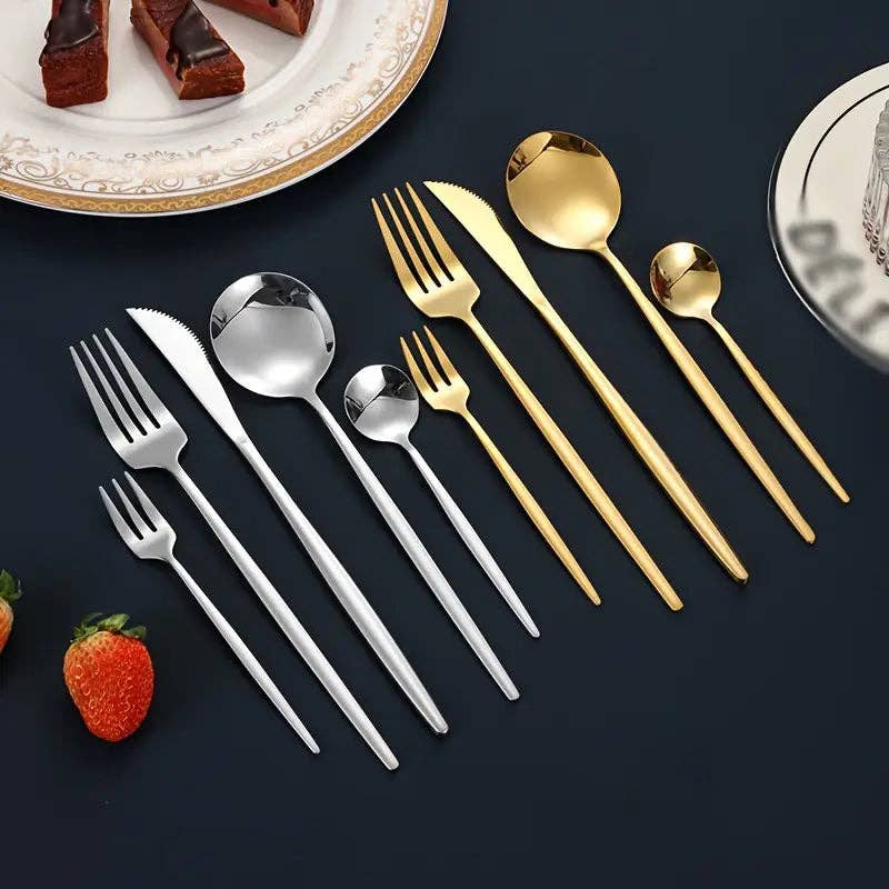 Huis Van Merken - Wholesale Assorted Cutlery Set - 30pcs Elegant Stainless Steel Portuguese Cutlery Set - Sleek Black Handles, Golden Finish3